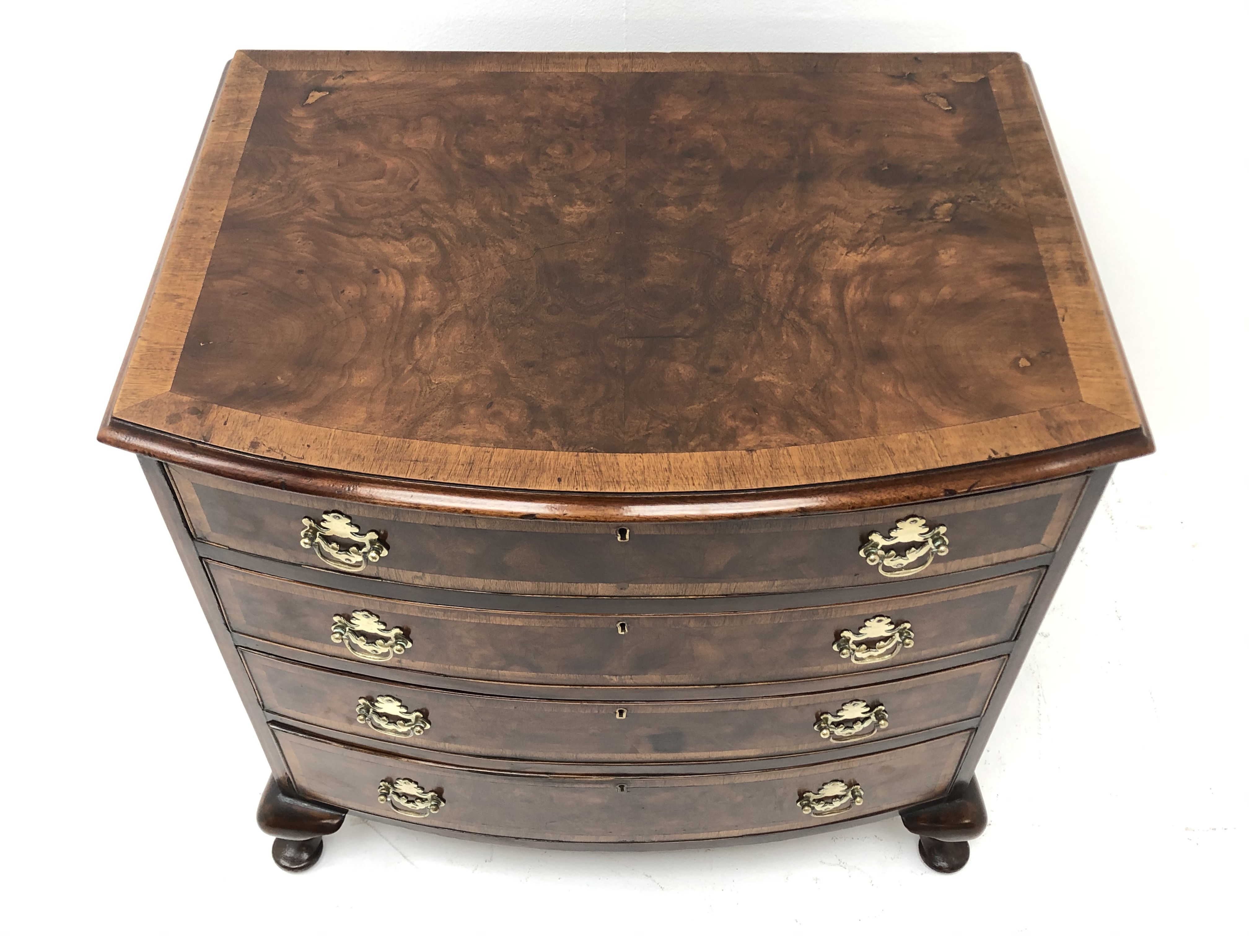 George l style crossbanded and figured walnut bow front chest, - Image 4 of 6