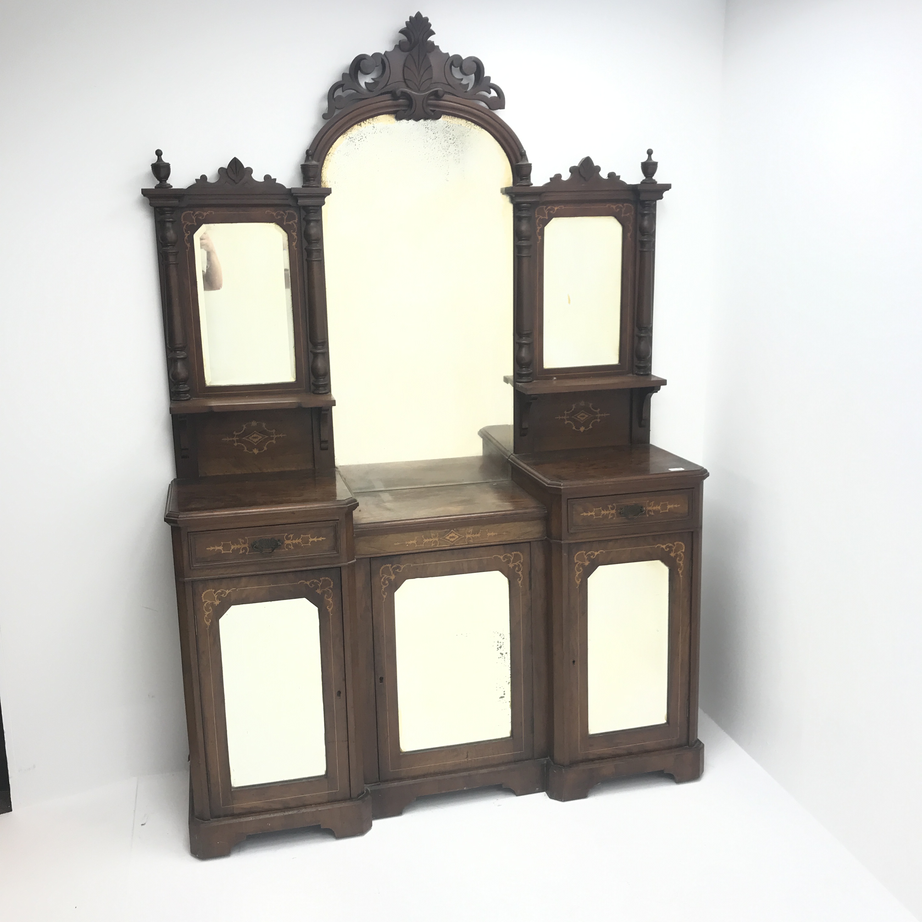 Victorian inlaid mahogany stepped inverted breakfront mirror back side cabinet, - Image 2 of 5