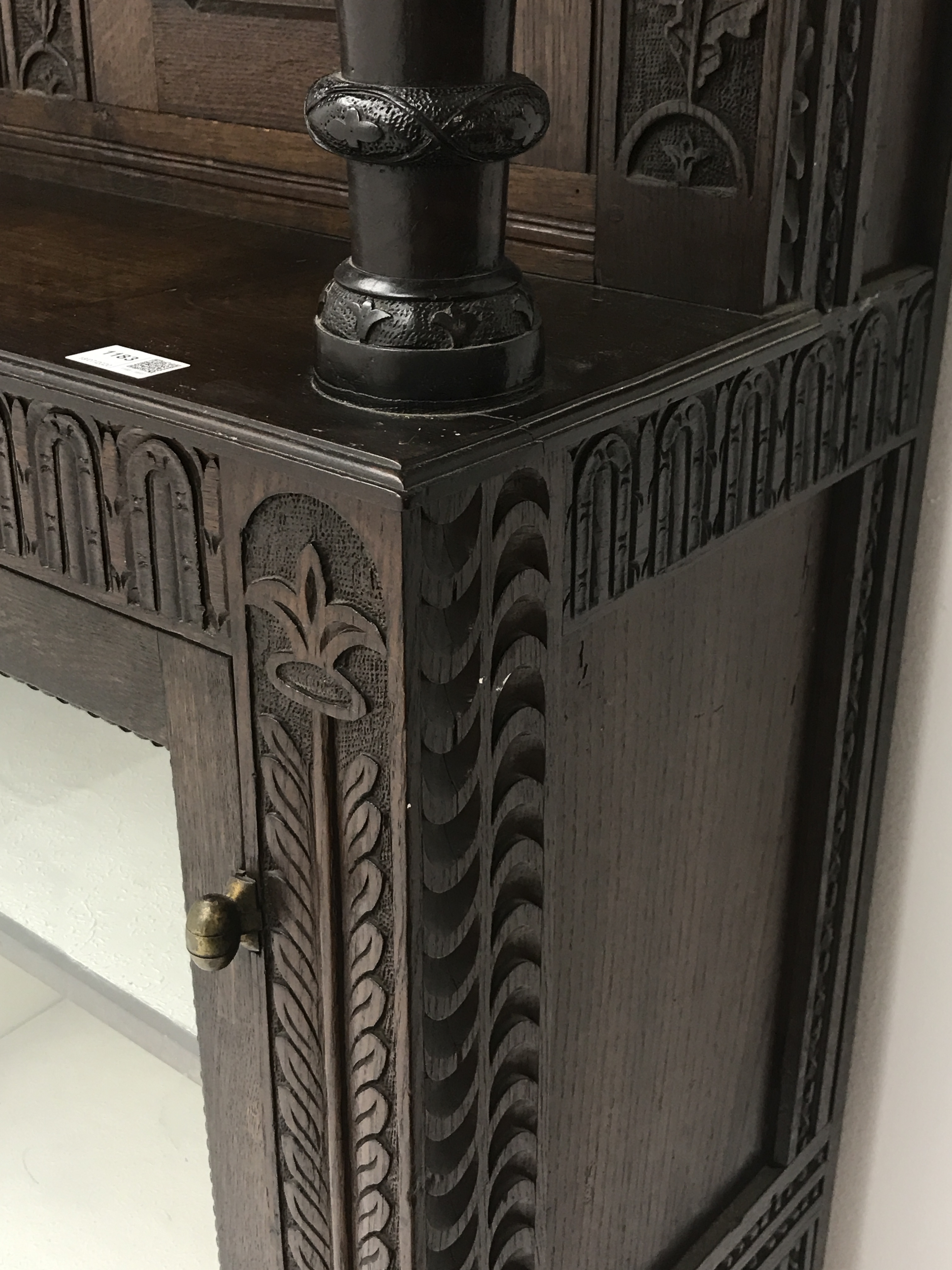 Early 20th century carved and inlaid oak court display cabinet, - Image 5 of 6