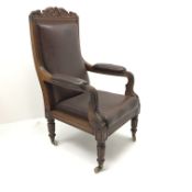 Early Victorian mahogany framed high back library armchair, scrolled foliage carved top rail,