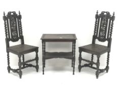 Pair Carolean style heavily caved oak chairs, barley twist and pierced back, solid seat,