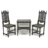 Pair Carolean style heavily caved oak chairs, barley twist and pierced back, solid seat,