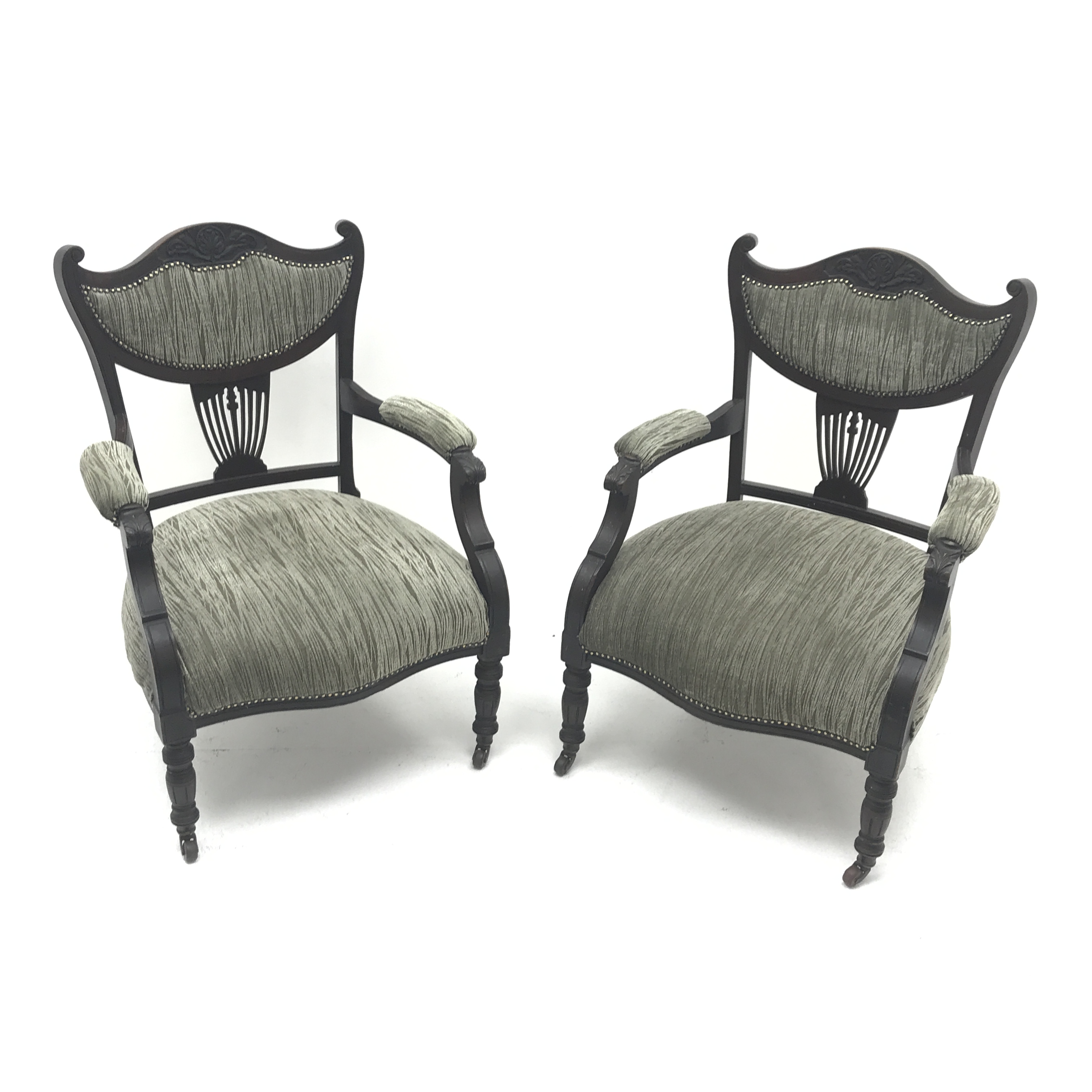 Pair late Victorian mahogany framed armchairs, shaped cresting rail, upholstered back, - Image 2 of 4