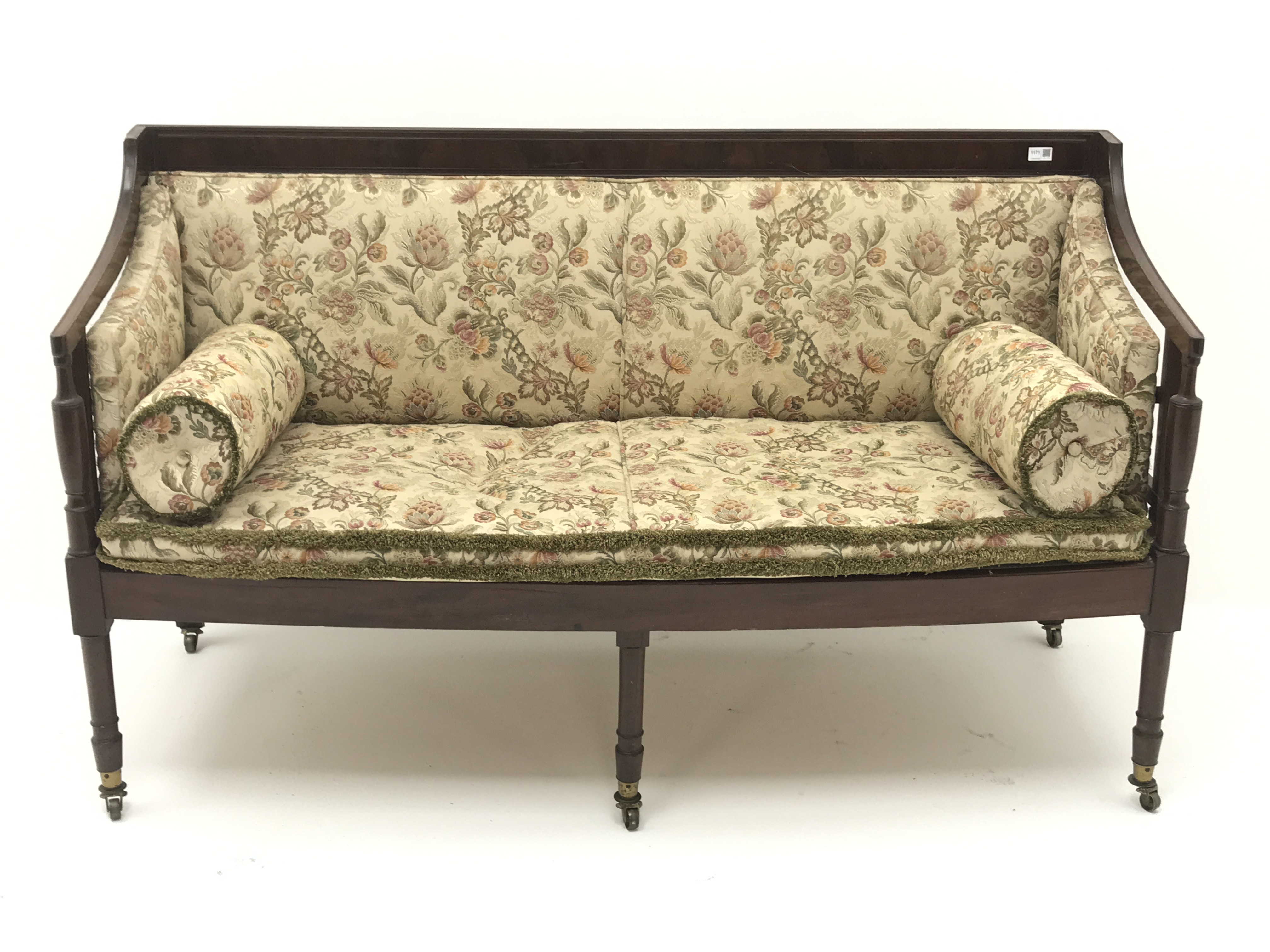 Regency mahogany framed settee, upholstered in a beige ground floral patterned fabric, - Image 2 of 4