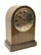 Large Edwardian inlaid mahogany arched top bracket clock with silvered Roman dial,