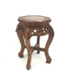 Small Eastern style hardwood jardiniere stand, marble top, floral carve frieze, cabriole legs,