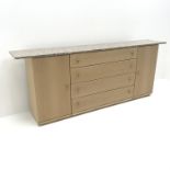 Light wood side cabinet, marble top, four graduating drawers flanked by two cupboards, plinth base,