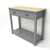 Contemporary oak finish side table, two drawers, square supports joined by single under shelf,