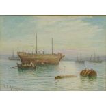 George Henry Jenkins (British 1843-1914): Boats in the Harbour at Sunset, watercolour signed 24.