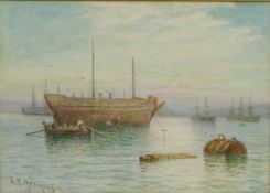 George Henry Jenkins (British 1843-1914): Boats in the Harbour at Sunset, watercolour signed 24.