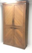 Victorian pine double cupboard, four doors enclosing fitted shelves, W126cm, H217cm,