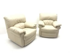 Three seat sofa upholstered in cream leather (W205cm) and pair matching armchairs (W94cm)