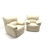 Three seat sofa upholstered in cream leather (W205cm) and pair matching armchairs (W94cm)