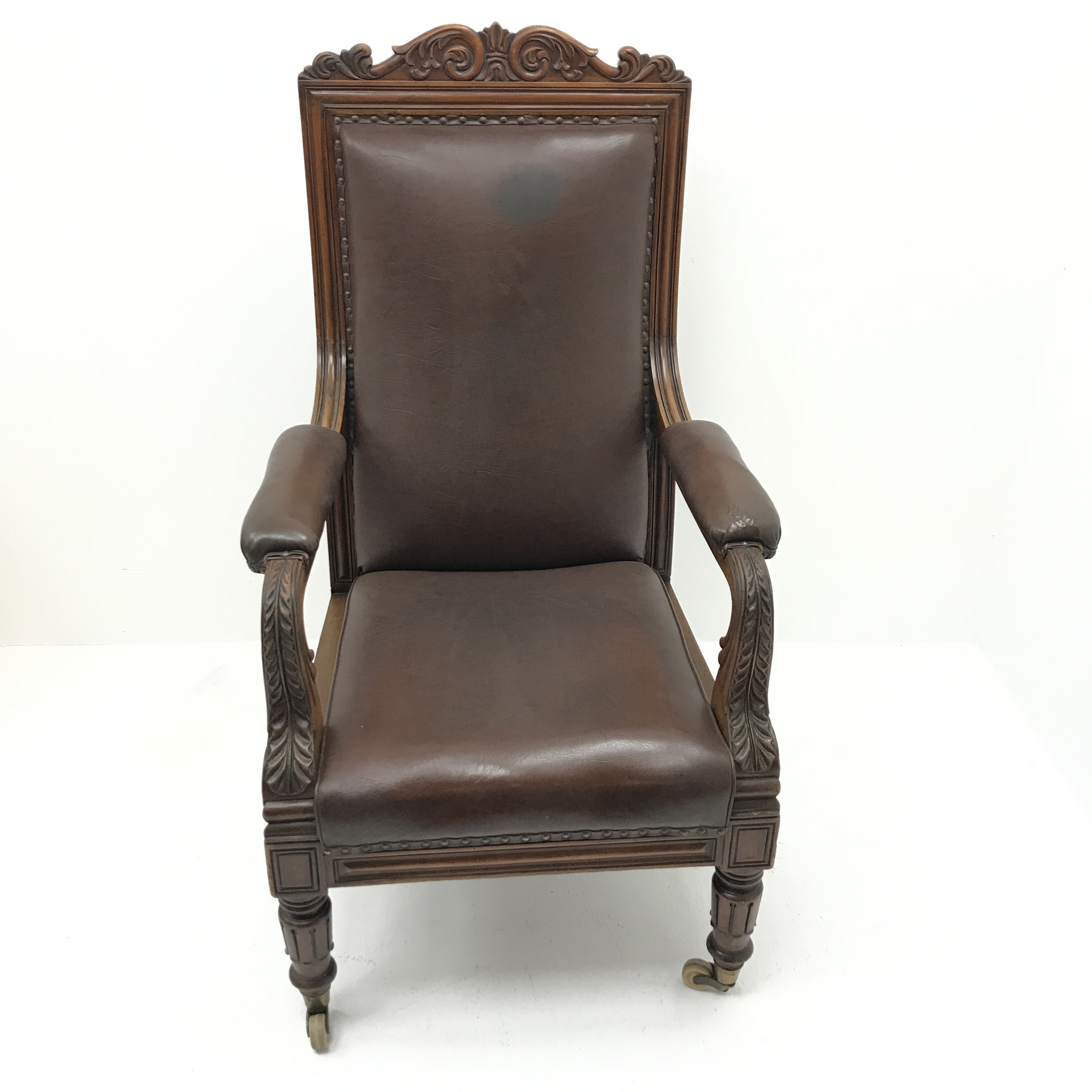 Early Victorian mahogany framed high back library armchair, scrolled foliage carved top rail, - Image 2 of 4
