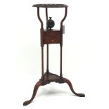 19th century mahogany wig stand circular top over two drawers on tripod base with three cabriole