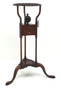19th century mahogany wig stand circular top over two drawers on tripod base with three cabriole