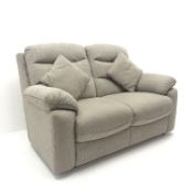 Pair La-z-boy Anna two seat sofas upholstered in latte fabric with scatter cushions,