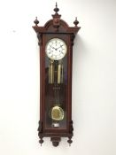 Mahogany Vienna type wall clock, arched case with turned finials,