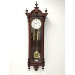 Mahogany Vienna type wall clock, arched case with turned finials,