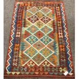 Choli Kilim vegetable dye wool rug, repeating border, geometric patterned field,