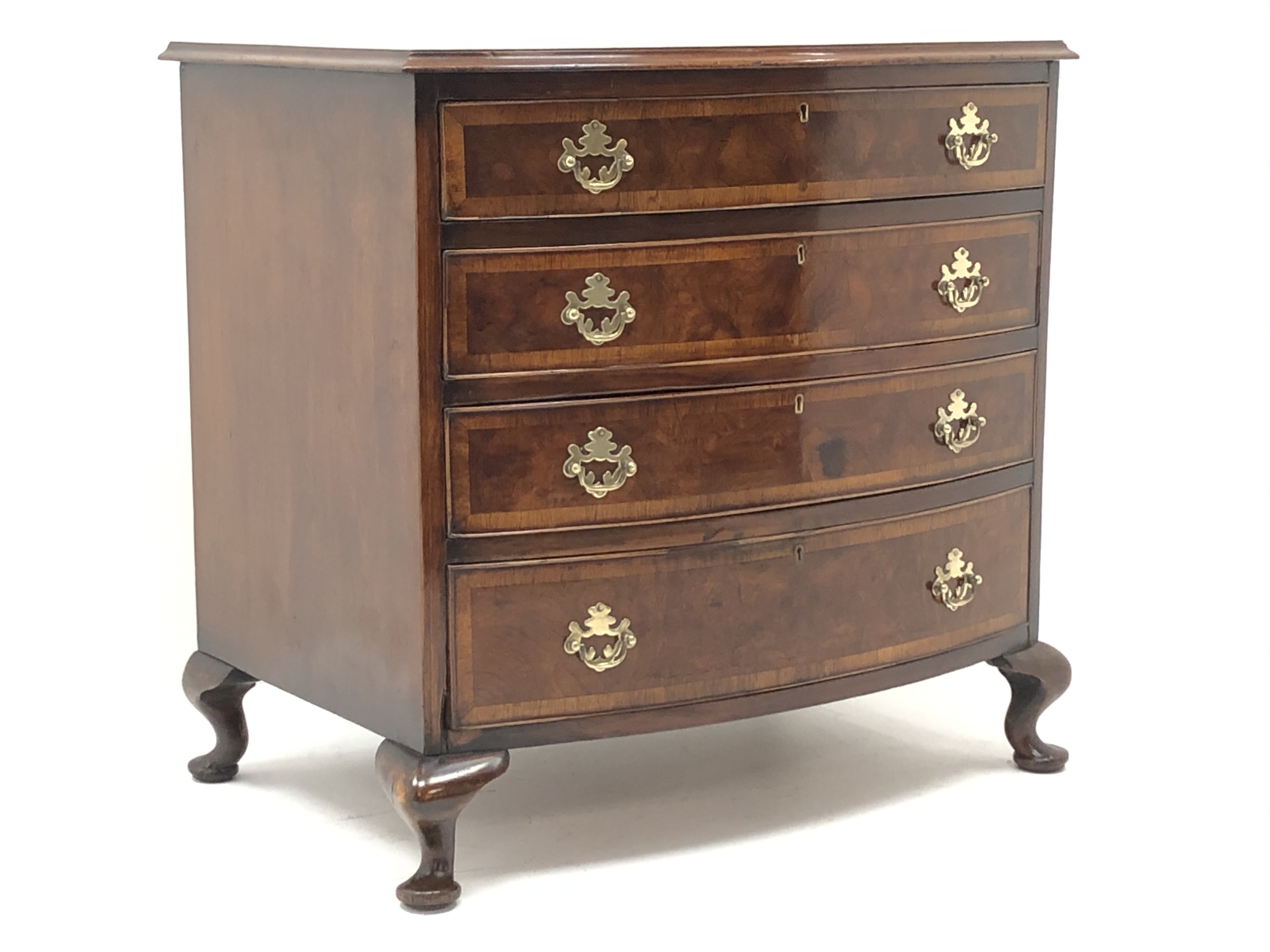 George l style crossbanded and figured walnut bow front chest, - Image 2 of 6