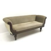 Victorian oak framed upholstered three seat sofa, scrolled arms, turned supports,