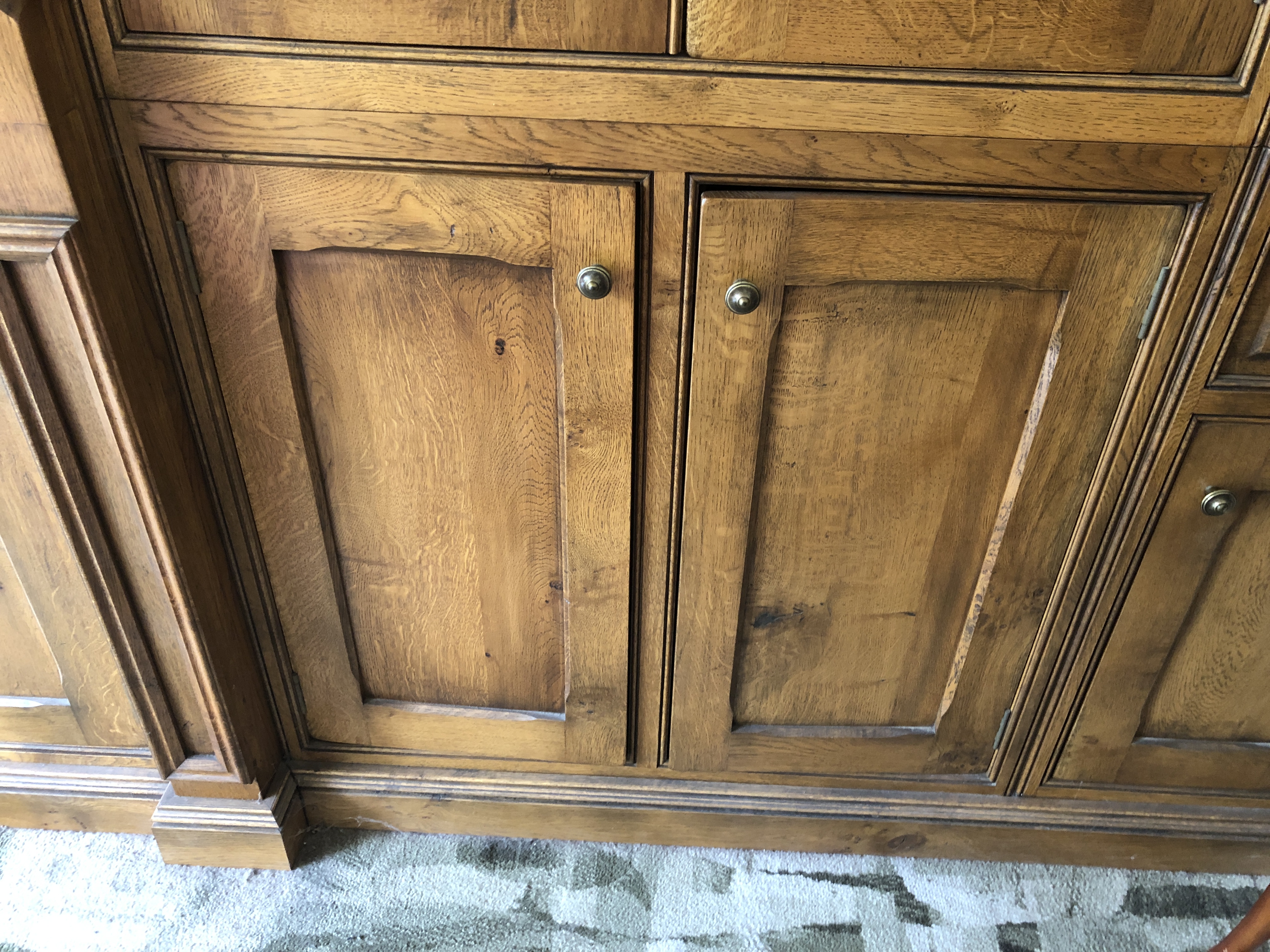 Bespoke figured oak freestanding bookcase/display cupboard, fitted with multiple panelled doors, - Image 7 of 9