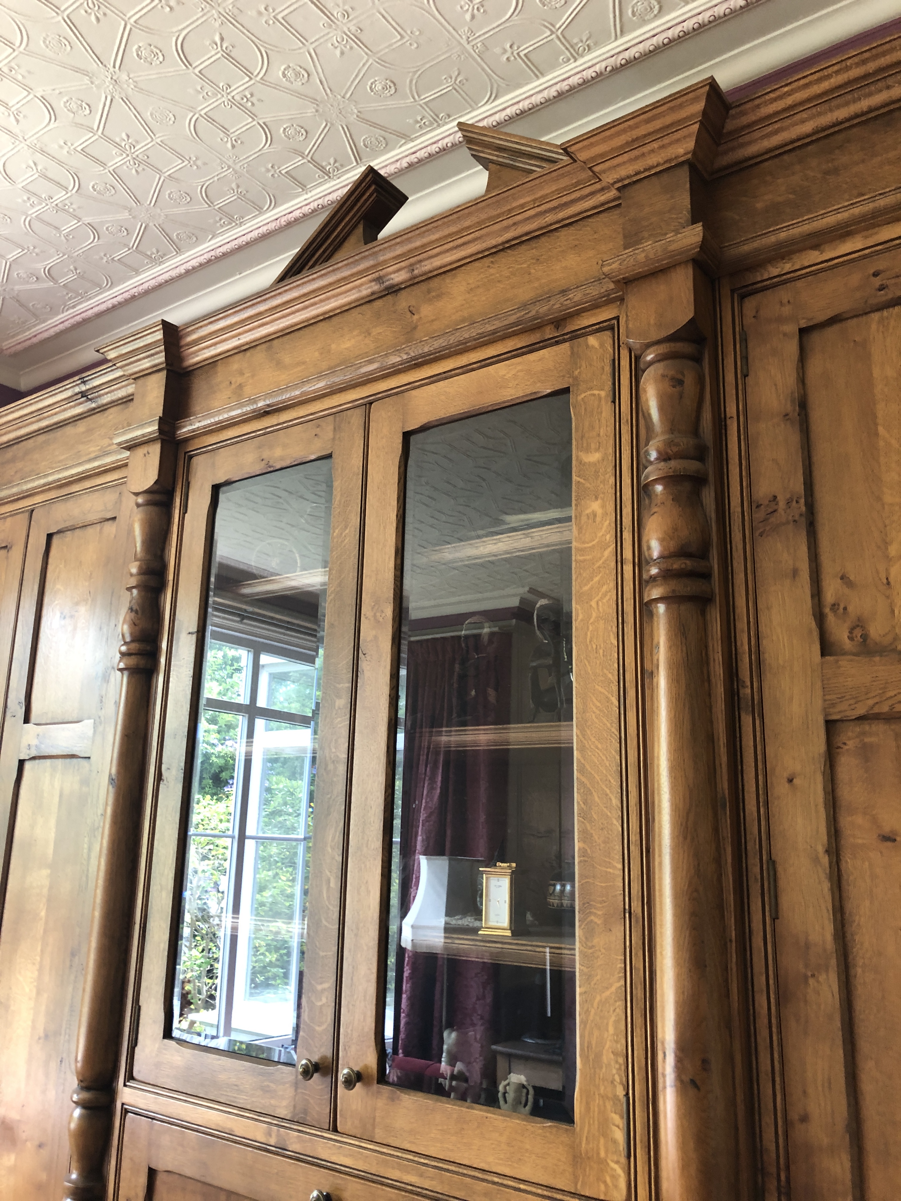 Bespoke figured oak freestanding bookcase/display cupboard, fitted with multiple panelled doors, - Image 8 of 9