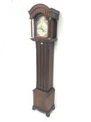 20th century mahogany longcase clock, arched brass dial, brass weight driven,