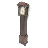 20th century mahogany longcase clock, arched brass dial, brass weight driven,