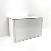 Gloss white cabinet, two doors enclosing five fitted shelves, (W111cm, H72cm,