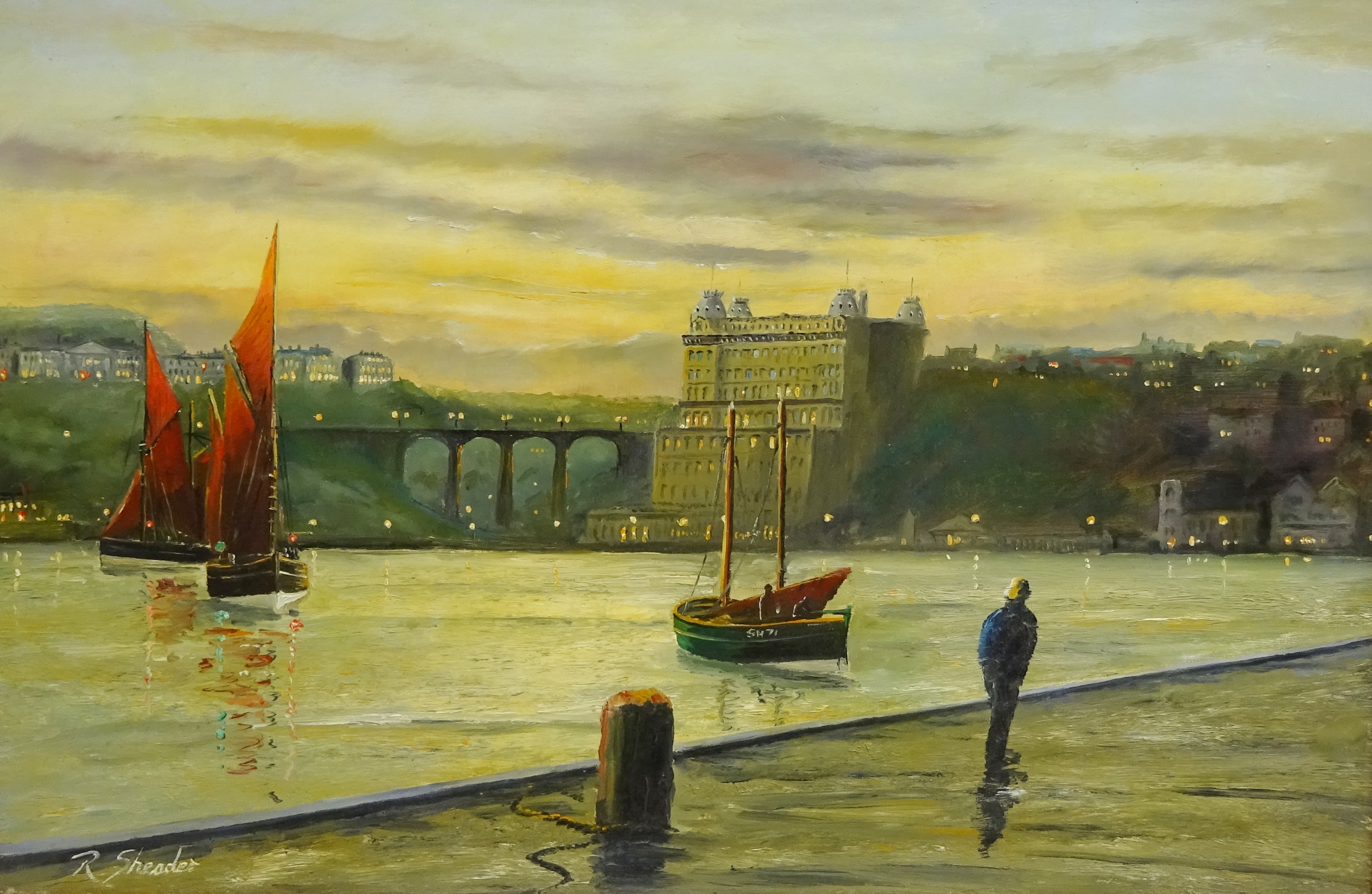 Robert Sheader (British 20th century): Grand Hotel and Spa Bridge from the West Pier Scarborough,