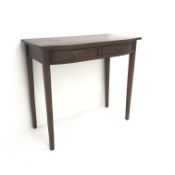Regency style mahogany side table, two drawers, square tapering supports, W90cm, H80cm,