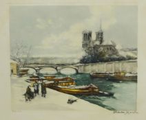 Charles Blondin (French 1913-1991): 'Notre Dame in the Snow, Paris', coloured etching signed