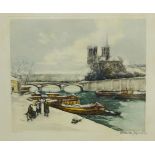 Charles Blondin (French 1913-1991): 'Notre Dame in the Snow, Paris', coloured etching signed