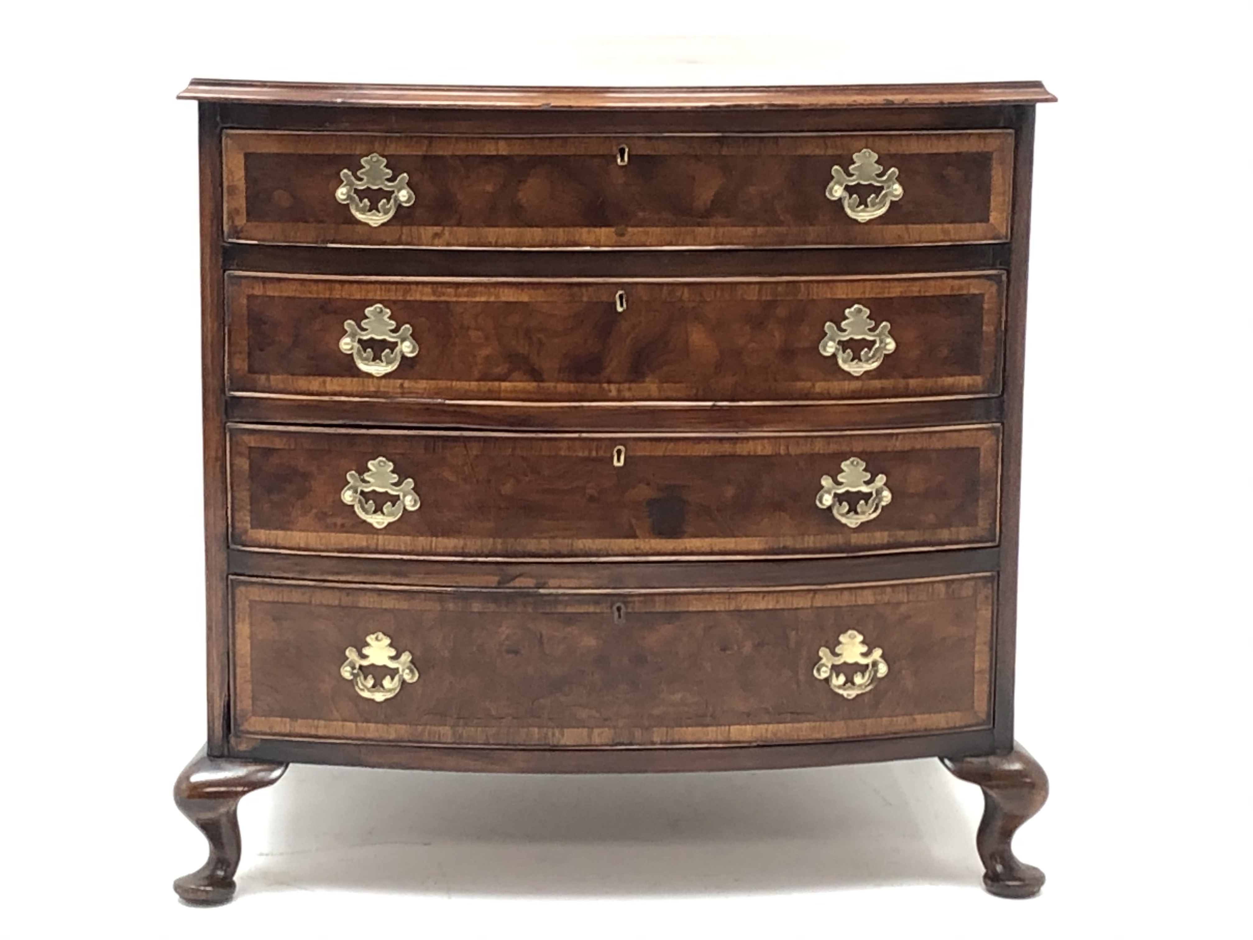 George l style crossbanded and figured walnut bow front chest, - Image 3 of 6