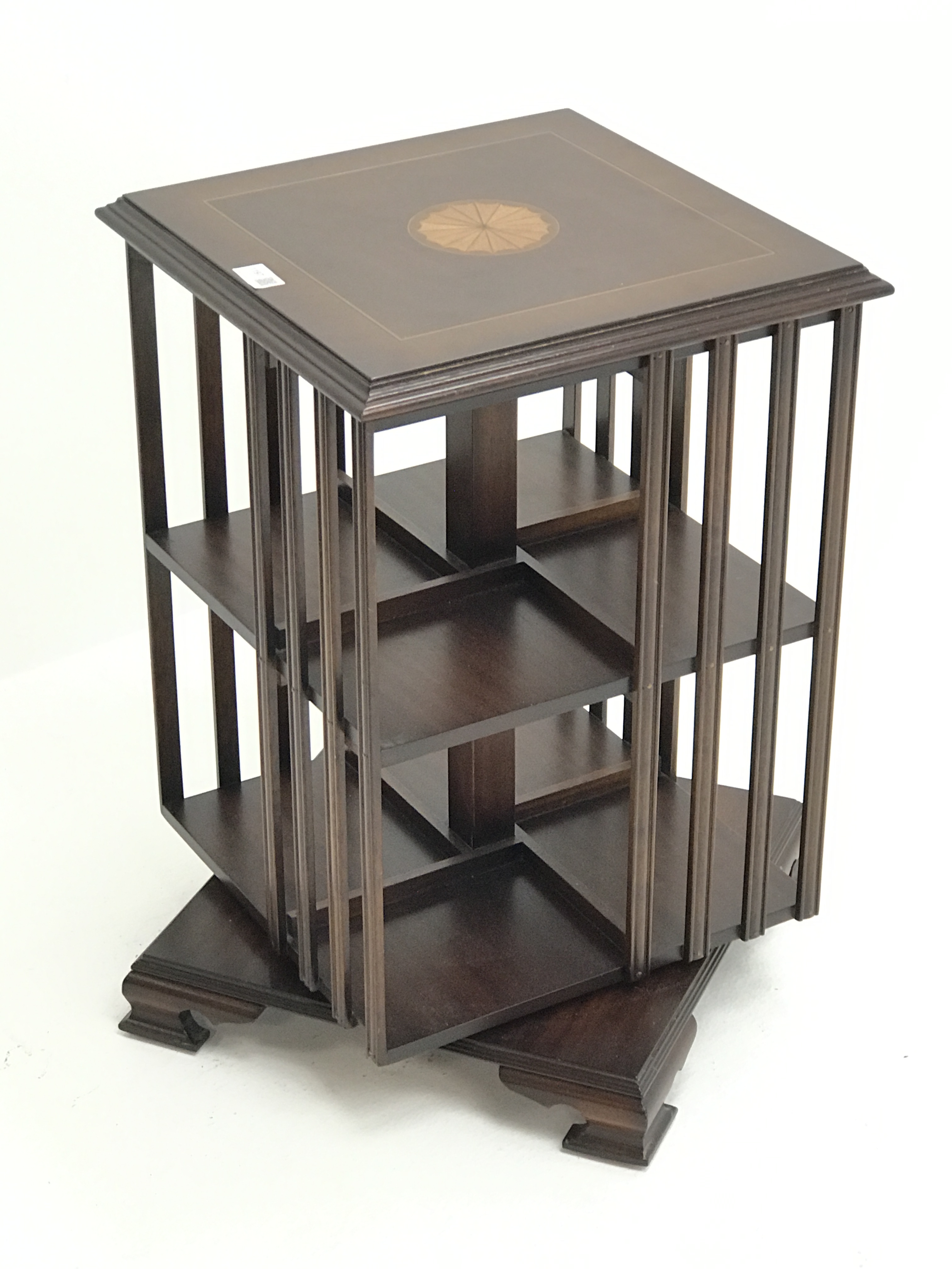 20th century two tier inlaid mahogany revolving bookcase on ogee bracket feet, W41cm, H59cm, - Image 4 of 4