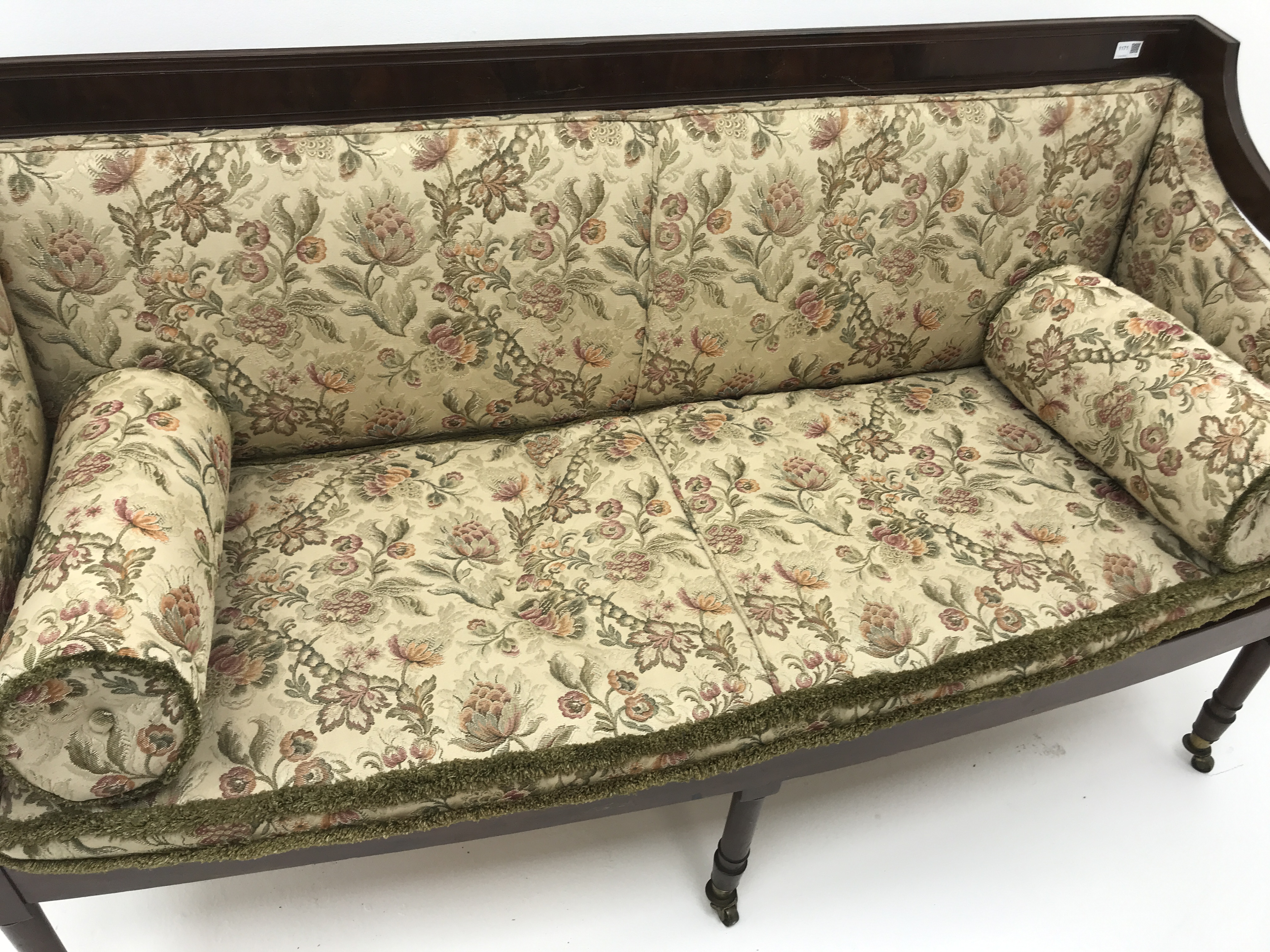 Regency mahogany framed settee, upholstered in a beige ground floral patterned fabric, - Image 3 of 4