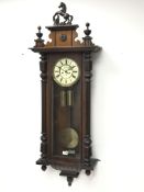 Large Victorian walnut Vienna type wall clock with prancing horse cresting and turned finials,