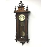 Large Victorian walnut Vienna type wall clock with prancing horse cresting and turned finials,