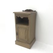 Edwardian walnut bedside cabinet, raised shaped back, single cupboard, plinth base, W41cm, H85cm,