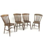 Set four Victorian elm slat back chairs, turned supports,