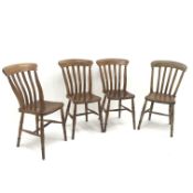 Set four Victorian elm slat back chairs, turned supports,