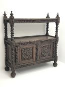 Victorian heavily carved two tier oak buffet, removable top tier on barley twist supports,