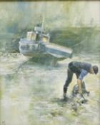 David Biglands (Northern British late 20th century): Fisherman and his Boat at Low Tide,