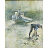 David Biglands (Northern British late 20th century): Fisherman and his Boat at Low Tide,