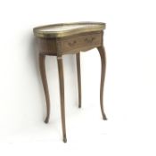French style kidney shaped inlaid mahogany occasional table, brass gallery, marble top,