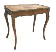 Louis VX style walnut writing table, inset leather top, shaped brass surround, single drawer,
