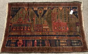 Old Baluchi blue ground rug with city scape field,