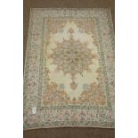 Kashmiri hand stitched silk chain beige ground rug, repeating border,